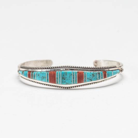 Deidre Luna: Sterling Silver/Turquoise/Coral, Inlaid Bracelet