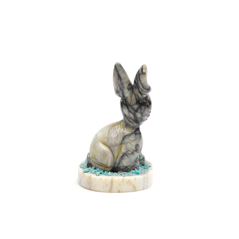 Stafford Chimoni: Picasso marble, Rabbit on antler base with turquoise