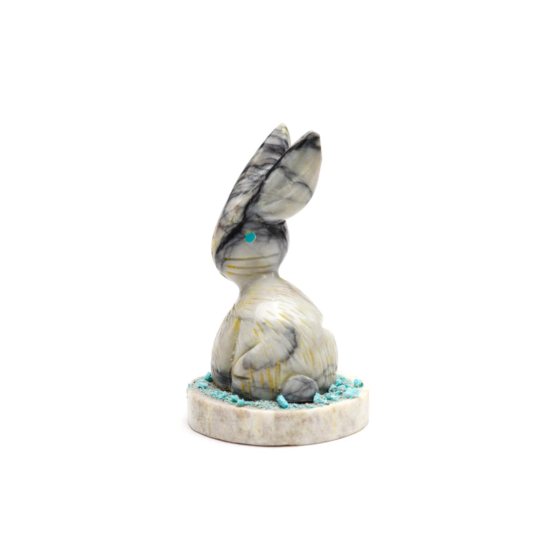 Stafford Chimoni: Picasso marble, Rabbit on antler base with turquoise