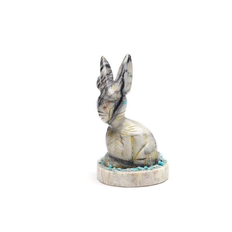 Stafford Chimoni: Picasso marble, Rabbit on antler base with turquoise