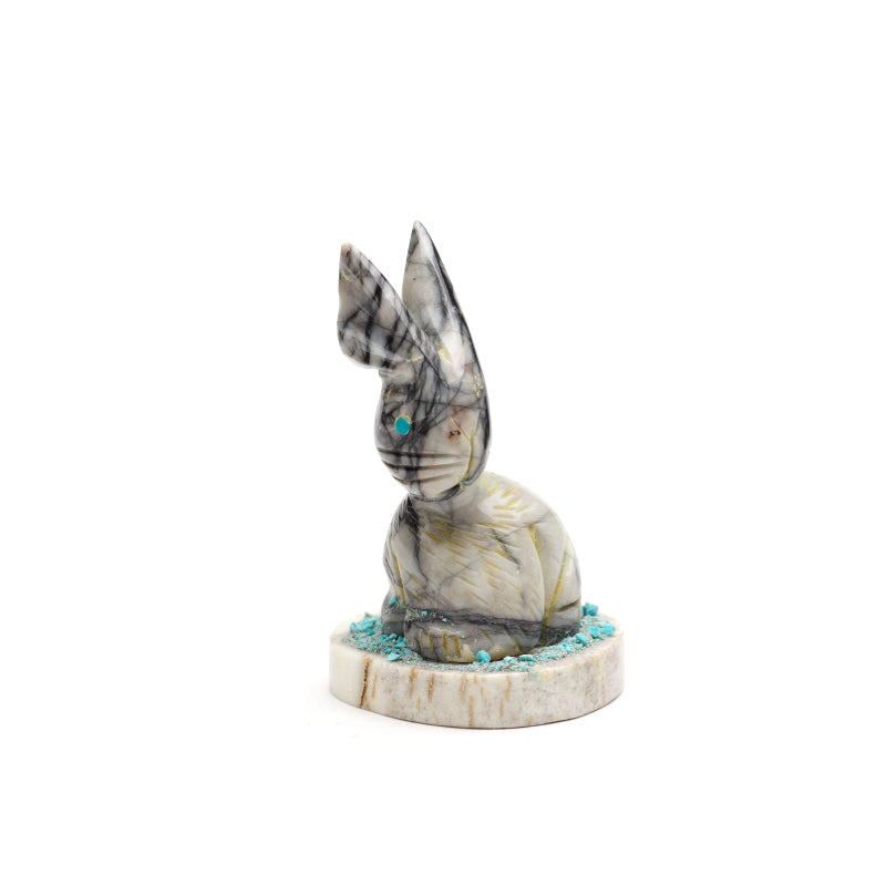 Stafford Chimoni: Picasso marble, Rabbit on antler base with turquoise