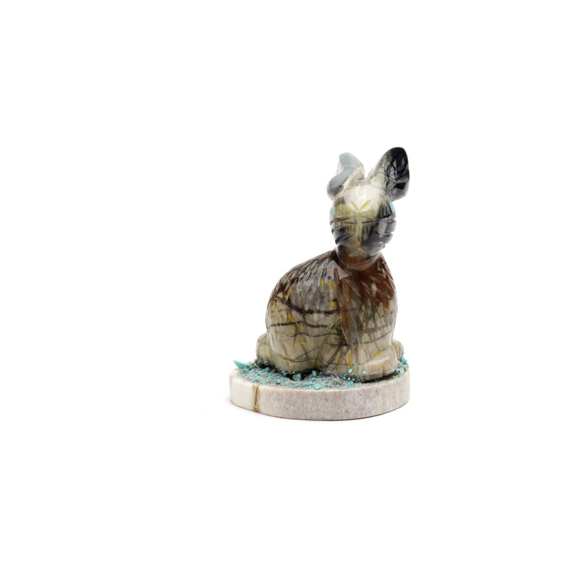 Stafford Chimoni: Picasso marble, Rabbit on antler base with turquoise