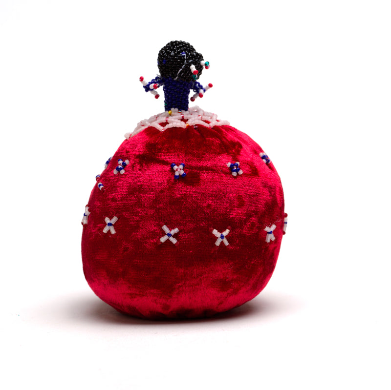 Marilyn Allapowa: Red velvet blue/white beaded Pin Cushion