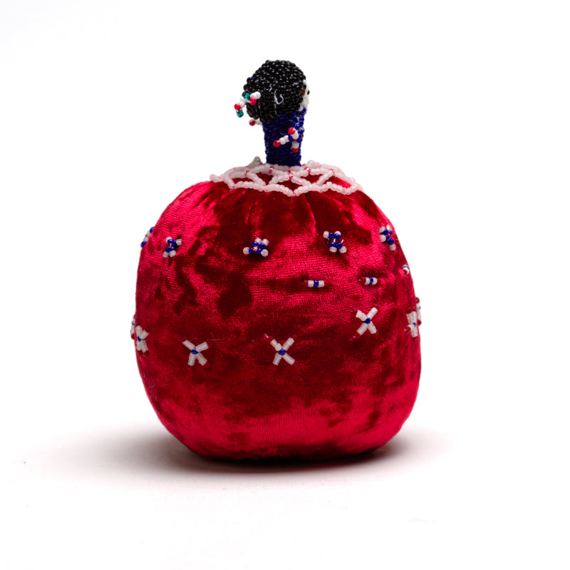 Marilyn Allapowa: Red velvet blue/white beaded Pin Cushion