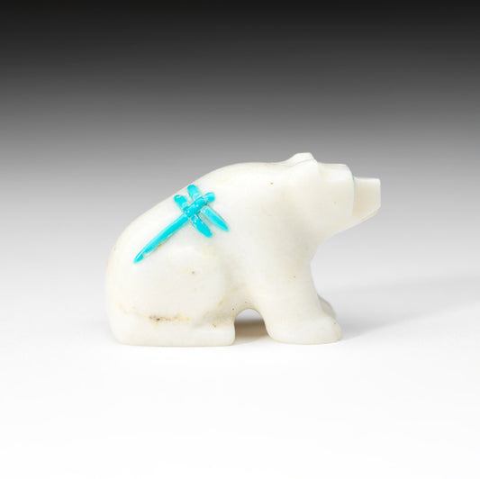 Clissa Martin: White Marble, Sitting Bear with Dragonfly