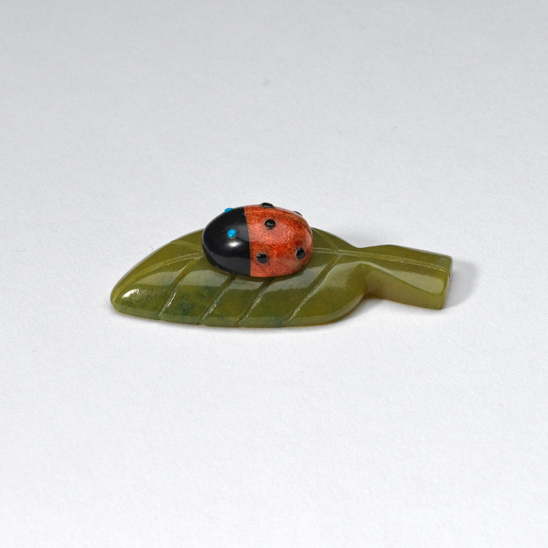 Georgette Quam & Reynold Lunasee: Apple coral, Ladybug on a Green Serpentine Leaf