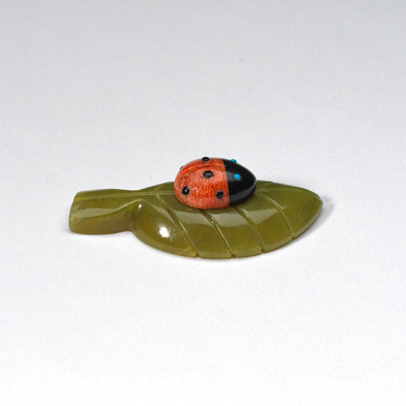 Georgette Quam & Reynold Lunasee: Apple coral, Ladybug on a Green Serpentine Leaf