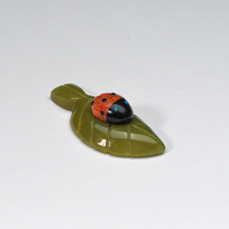 Georgette Quam & Reynold Lunasee: Apple coral, Ladybug on a Green Serpentine Leaf